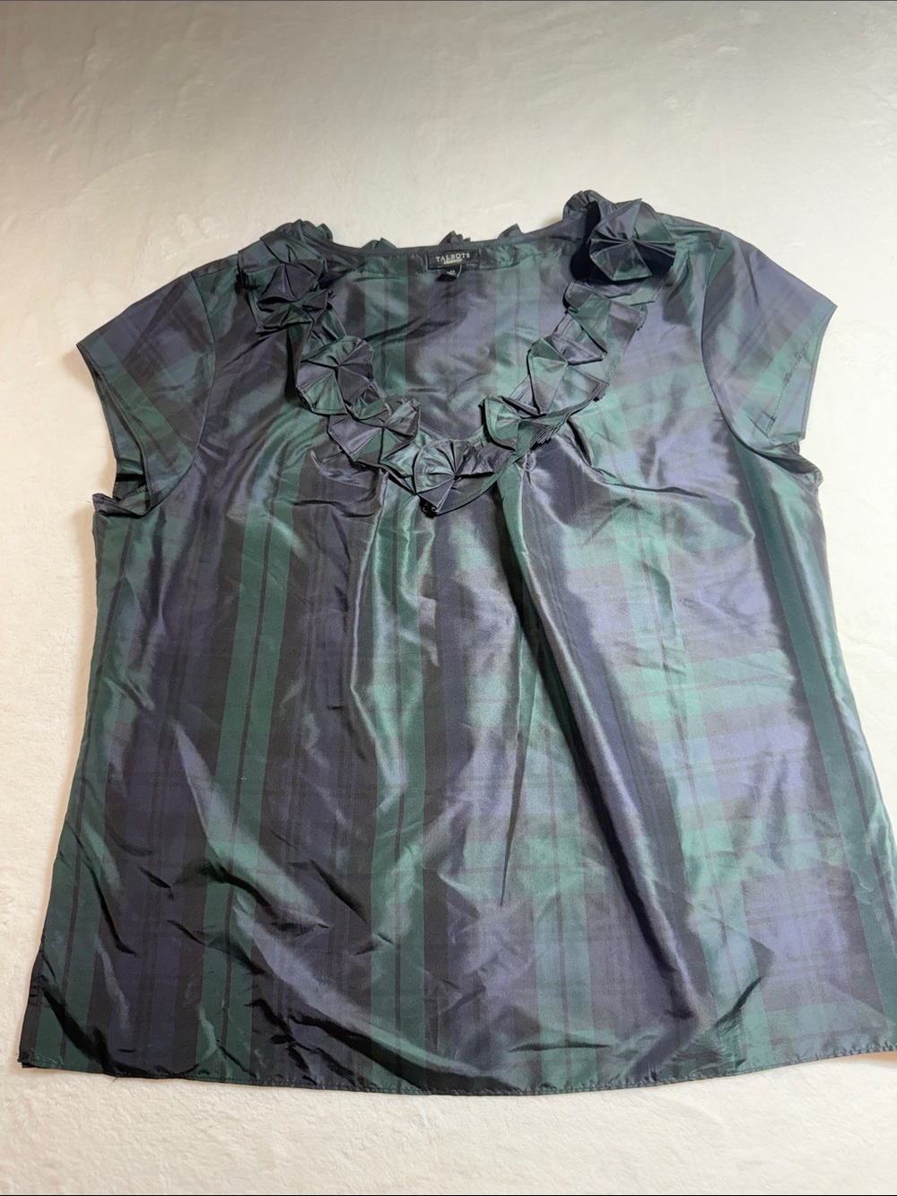 Talbots Green & Navy Plaid Ruffle Neck Blouse 100% Silk